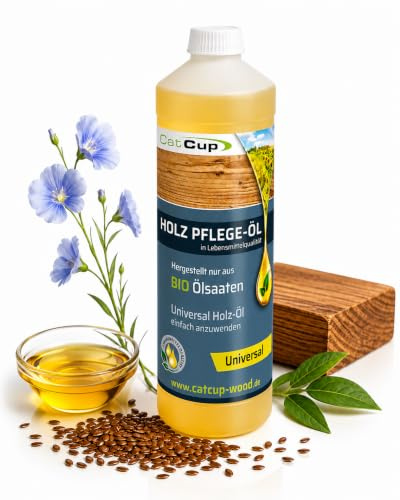 CatCup BIO Universal Holzöl 1L | Geruchloses & farbloses Holzpflegeöl | Lebensmittelechtes Möbelöl für Innen & Aussen | BIO Ölsaaten aus deutschem Anbau | Natürliches Holz Öl für alle Holzflächen