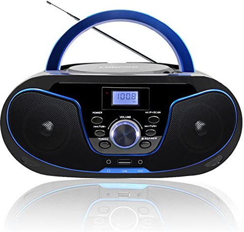 Tragbar CD Player Boombox Bluetooth - mit UKW Radio, USB Eingang & AUX & Kopfhörern Ports, Stereoanlage Music System (LP-D02)