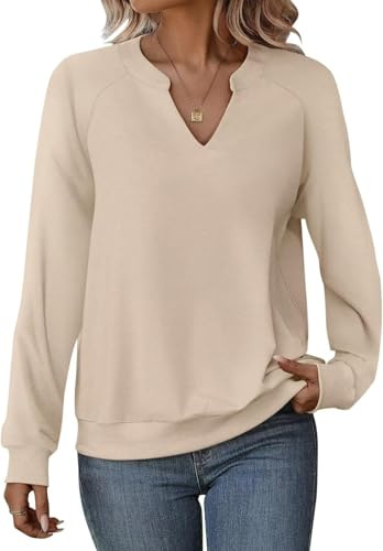 Cuptacc Langarmshirt Damen Pullover Damen Oberteile Herbst 2026 Mode V-Ausschnitt Warm Kuschelig Top Aprikose XXL 50-52