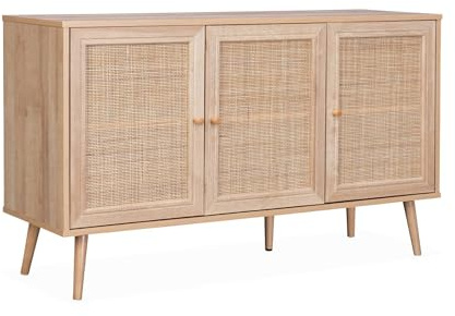 Sideboard mit Rattangeflecht 120 x 39 x 70 cm - 2 Ebenen - 3 Türen - Skandinavische Möbelbeine