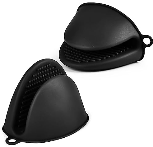 AUAUY 1 Paar Silikon Ofenhandschuhe Verdicken, Mini-Ofenhandschuh Anti-Rutsch Hitzebeständige Silikon Topflappen, Mini Ofen Mitts, wasserdichte Topfhandschuhe zum Backen Kochen BBQ Grillen (Schwarz)