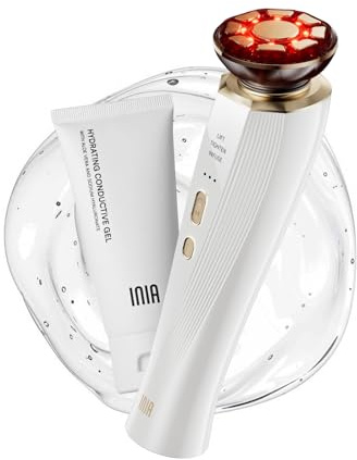 INIA FLARE Professionelles Mikrostrom Gesichtsmassagegerät mit Rotlicht | 3-in-1 für Gesicht & Hals mit Wärmefunktion, hilft Schwellungen und Falten sichtbar zu reduzieren