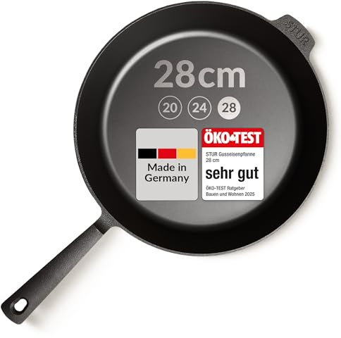 STUR - ORIGINAL Gusseisenpfanne Induktion 28 cm - Cast Iron Pan für alle Herdarten - Pfanne Gusseisen fein geschliffen - Made in Germany - frei von künstlicher ANTIHAFT-BESCHICHTUNG & kratzfest