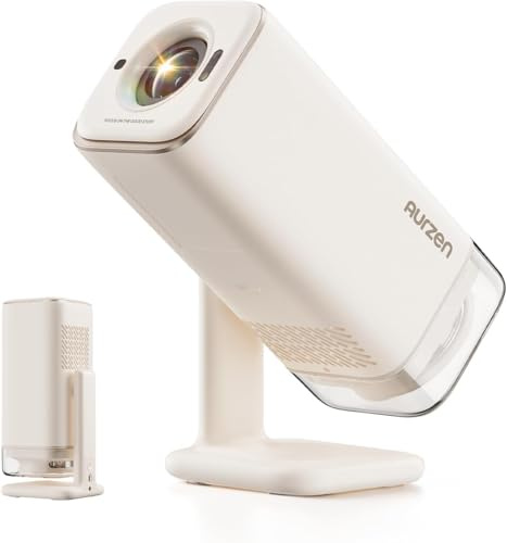 Aurzen Boom Air Mini Beamer mit Google TV&NetfIix, 4K Unterstützt, Aufladbar via USB-C, Smart Projektor - Dolby Audio, Beamer Outdoor mit WiFi & Bluetooth, TOF Autofokus, Drehbarer Ständer, Cremeweiß