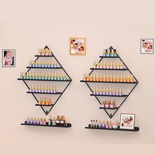 2 Sets Nagellack Regal, Diamantförmiger Organizer mit 5 Ebenen, Schwarz | Platzsparendes Metall Aufbewahrungsregal, Wandmontierter, Formstabil, Geschenk für Nagellack Ätherische Öle Lippenstift