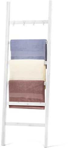 Relquorax Handtuchleiter Bambus, Leiterregal mit 6 Sprossen und 4 Haken, Kleiderleiter Handtuchhalter Handtuchständer für Badezimmer, HxB 170 x 43 cm (Weiß)