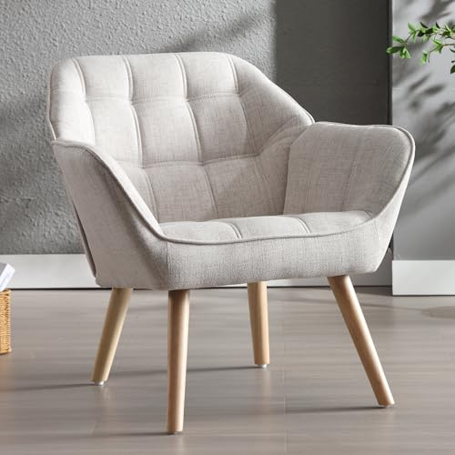 Ya-Home Akzentstuhl Sessel, Gepolsterter Armlehnstuhl Lesestuhl mit Holzbeinen aus Leinen, Lesestuhl Einzelsofa Fernsehsessel für Wohnzimmer Schlafzimmer Lounges, Beige
