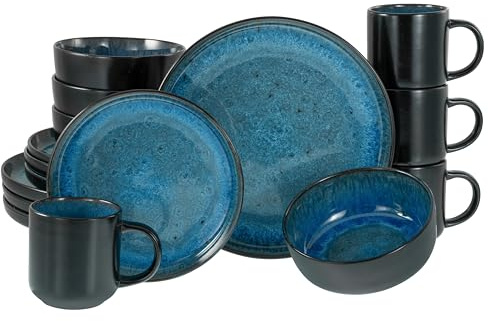 CreaTable, 20149, Serie Nordic Fjord Blue, 16-teiliges Geschirrset für 4 Personen, Kombiservice aus Steinzeug, spülmaschinen- und mikrowellengeeignet, Qualitätsproduktion
