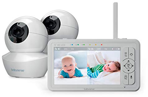 Babysense Babyphone HD 5 Zoll mit 2 Kameras, Video Babyphone ohne WLAN, Nachtlicht, Wiegenlieder, 300m Reichweite, Zwei-Wege-Audio, 4-facher Zoom, 4000mAh Akku