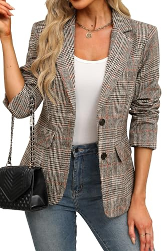 ELLEVEN Damen-Blazer, Reverskragen, kariert, 2 Knöpfe, Boyfriend-Blazer, Anzug, Hahnentrittmuster, Arbeit, Büro, Blazer