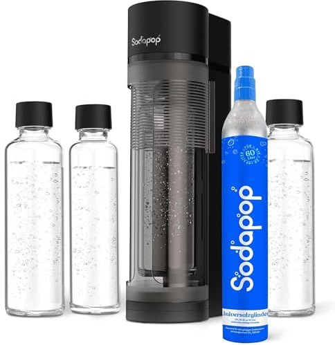 Sodapop Wassersprudler Logan, Set mit 3 Glasflaschen (2 × 850 ml und 1 × 600 ml) und 1 CO₂-Zylinder, Matt Schwarz, Kunststoff, Höhe 42,6 cm