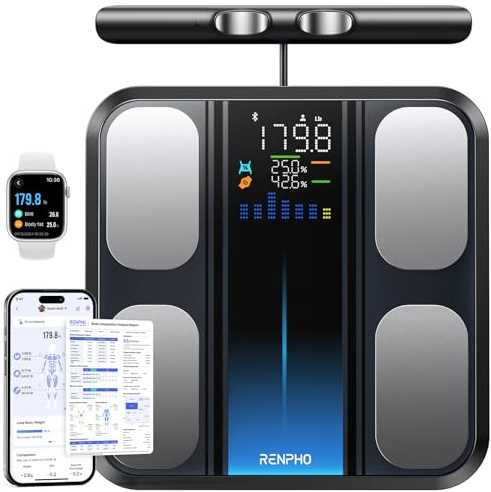 RENPHO Körperfettwaage mit Handsensoren, Personenwaage mit körperfett, Smart Waage mit App für Körperfett, Muskelmasse, BMI, Präzisionswaage bis 180kg/400 lbs, MorphoScan Base
