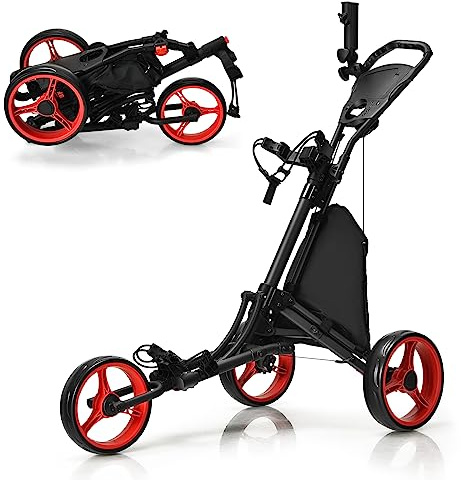 COSTWAY Golf Trolley, 3 Rad Golftrolley, Golfwagen Golf klappbar, Golfcaddy Golf Push Cart aus Aluminum, Golfcaddy mit Schirmhalter, T-Stückhalterung und Aufbewahrungstasche