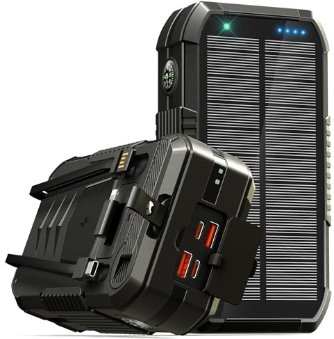 70000mAh Wireless Power Bank große Solar Powerbank: PD30W Externer Handyakku tragbares Ladegerät mit Schnellladefunktion, USB C 6 Ausgängen mit Taschenlampe Kompass Handkurbel für Phones Tablets