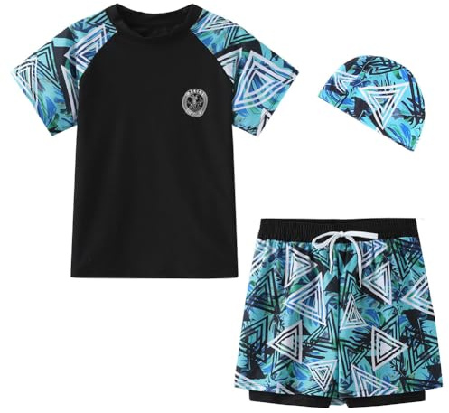 FedMois Kinder Jungen Badeanzug 3-teiliges Schwimmkleidung Set Badeshirt Badeshorts Bademütze, Grün, 5 Jahre