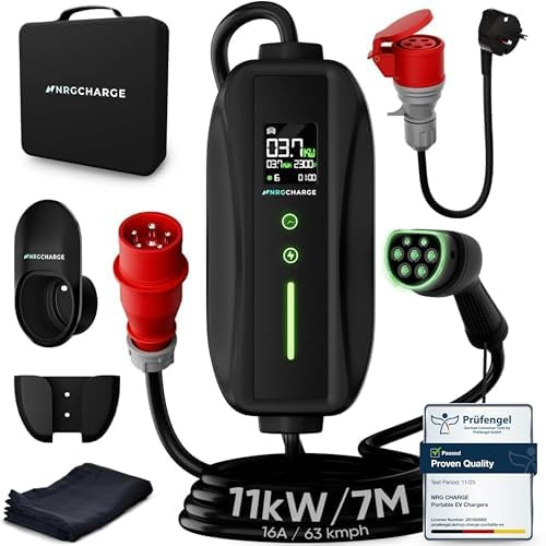 NRG CHARGE Mobile Wallbox 11kW Typ 1 (7m, 6–16A, 3-phasig) – Ladekabel CEE 16A mit Schuko – Mobile Ladestation Elektroauto Schnellladung