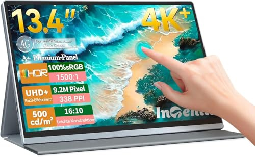 Intehill 4K Tragbarer Monitor, 13,4 Zoll Touchscreen Monitor IGZO Anti-Glare Touch Screen, 10-Punkt Multi-Touch, HDR, sRGB 100%, Eingebaute Lautsprecher, VESA, Dual USB-C,HDMI for Laptop（U13ZT