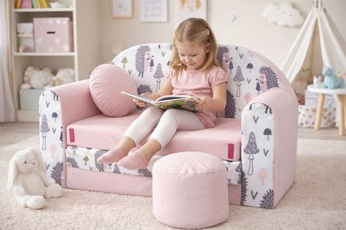 Kindersofa Schlafsofa mit Bettfunktion HX1 Hellrosa Polsterhocker + Kissen | Geschenkidee zu Weihnachten, Nikolaus oder Geburtstag – bis 6 Jahre, Zusatzmatratze, Bezug abnehmbar & waschbar