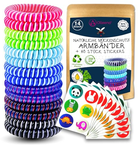 Olleeno® Mückenschutz Armband Moskito Insektenschutz Armband für Outdoor Camping Wandern Sport Anti Mückenarmband für Kinder und Erwachsene, Citronella Mückenarmband Set (14 Stück + 60 Mückenpflaster)