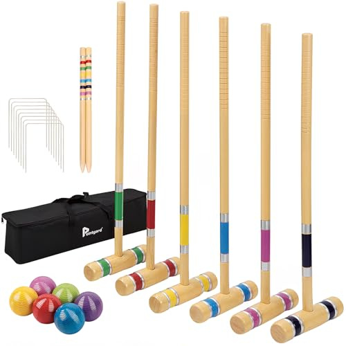 Pointyard Krocket-Set, 6 Spieler, 71 cm, mit Holzschlägeln, farbigem Ball, Wickets, Pfählen für Erwachsene, Teenager, Familie, perfekt für Rasen, Hinterhofspiel, Park (inklusive Tragetasche)