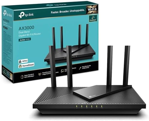 TP-Link Archer AX55 Wi-Fi 6 WLAN Router, 2402 Mbit/s 5 GHz, 574 Mbit/s 2,4 GHz, 4 × Gigabit LAN-Ports, 1 × USB 3.0 Port, unterstützt Keine DSL-Funktion
