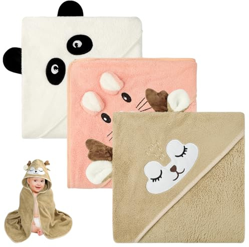 Aolso Babyhandtuch mit Kapuze, 80 x 80 cm, weiche und saugfähige Kapuzenhandtücher für Kinder, Neugeborene und Kleinkinder, 3 Stück, Weiß / Kaffee / Rosa