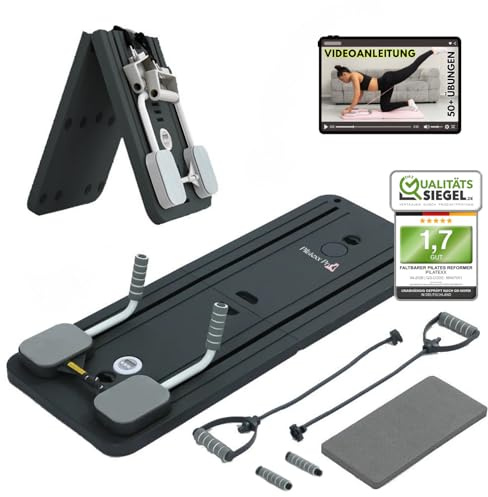 Pilatexx Pro – Faltbarer Pilates Reformer & Hometrainer – über 50 Übungen mit Videoanleitung – inkl. Timer, Widerstandsbänder, Griffe & Knieschoner – Ganzkörpertraining (Anthrazit)