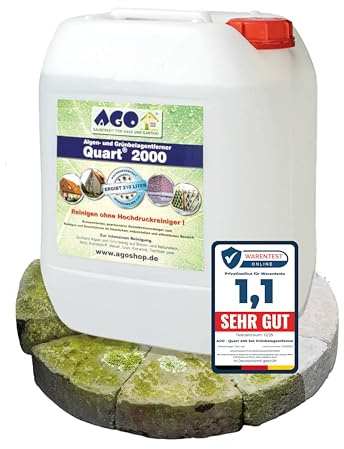 AGO Quart 2000 Grünbelagentferner 10 Liter - chlor- und säurefrei / 2000 qm Algen und Grünbelag Entferner/Steinreiniger/Terrassenreiniger/Grünspan Entferner/Naturstein Reiniger