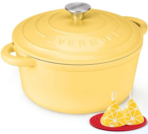 Overmont Bräter Emaille Gusseisen Topf - Schmortopf 26cm backofengeeignet - mit Deckel und Kochbuch - für Küche Backen Schmoren Braten