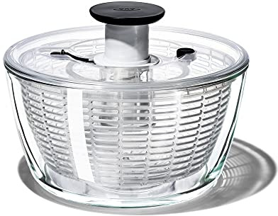 OXO Good Grips Salatschleuder aus Glas | Einhand-Pumpe, integrierte Bremse, Korb auch als Sieb verwendbar