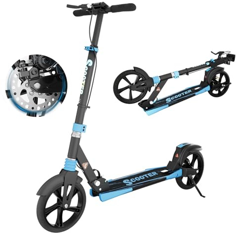 MEE GOO Scooter mit Scheibenbremse & Dual-Stoßdämpfern, 200 mm PU-Räder ABEC-7-Kugellager, faltbarer Roller für Jugendliche und Erwachsene, rutschfestes Deck - Rosa/Weiß/Blau (Schwarz)