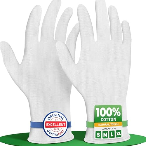 Baumwollhandschuhe aus 100% Baumwolle (Dermatest: Sehr Gut) weiße Handschuhe, weiche Textilhandschuhe für Handmasken, waschbare Stoffhandschuhe mit zertifizierter Hautverträglichkeit