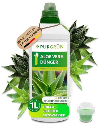Purgrün® Aloe-Vera-Dünger 1 Liter – Spurennährstoffe für gesundes Wachstum – Extra Kalium fördert die Widerstandskraft – Ergiebiges Konzentrat für 200 Liter Gießwasser – Premium-Flüssigdünger