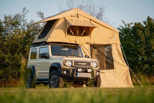 Adventure Xperience Auto Dachzelt mit Vorzelt 160x240cm für 3-4 Personen – Vorzelt höhenverstellbar – inkl. Komfort-Matratze – Regenfest 5000mm Wassersäule