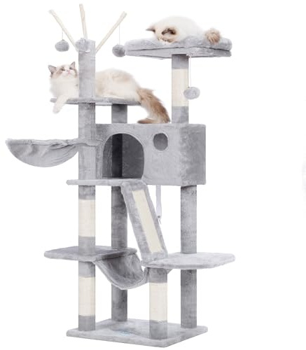 Hey-Brother Kratzbaum, 135 cm Indoor Katzenbaum, Mit gepolsterter Plattform Bett, Spielzeug Ball, Höhlen, Hängematte und Sisal Kratzbaum Katzenhaus, Hellgrau MPJ019-SW