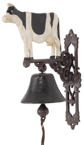 Moritz Gußeisen Wandglocke gefleckte Kuh schwarz weiß Bauernhof Glocke Türglocke 38,5 cm Höhe Hausglocke antik Stil braun Klingel Verziert