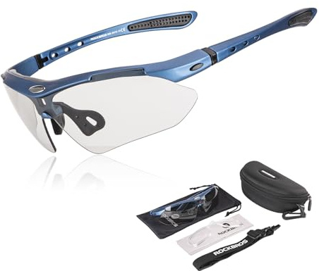 ROCKBROS Fahrradbrille Selbsttönend Brille Sonnenbrille Herren/Damen UV 400 mit Kopfband für Brillenträger Outdoorsport Laufen MTB Blau