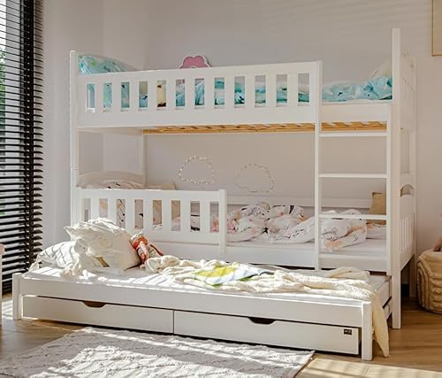 Hochbett 90x200 Etagenbett Kinderbett Jugendbett Stockbett 3 Kinder, zwei Schubladen & Rausfallschutz Kinder Bett umbaubar in 3 Einzelbetten | von 4. bis 16. Lebensjahr | inkl. Lattenrosten | weiß