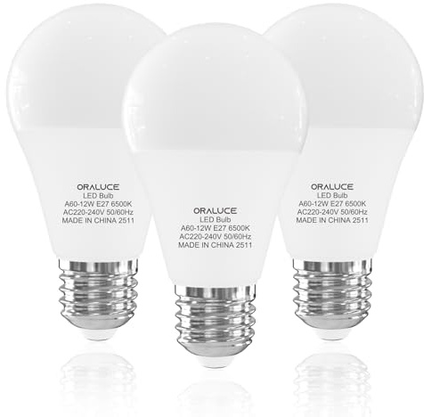 ORALUCE E27 LED Kaltweiss 12W, Ersetzt 100 Watt Glühlampen, 6500K, 3 Stück | Leuchtmittel E27 Klatweiß, 1200LM Birne, 220° Abstrahlwinkel Energiesparlampe, Nicht Dimmbar A60 LED Lampe E27