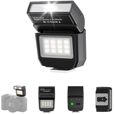 ULANZI SL03 Mini Kamerablitz mit Videolicht, GN8 6500K Kamera Speedlite Blitzgeräte, 90° verstellbare, 4 Leistungsstufe (1/8~1/1), Einzelkontakt-Blitzschuh für Sony/Canon/Fuji DSLR, Schwarz