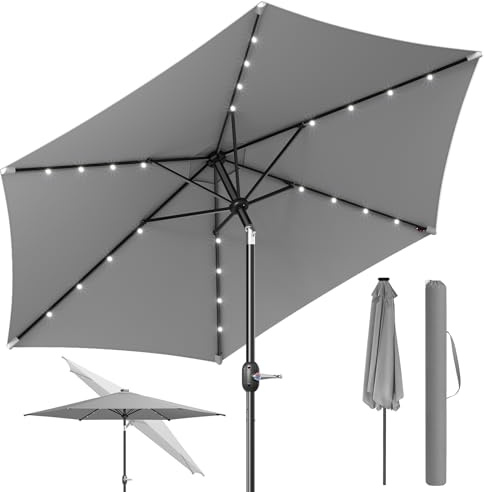 WOLTU Sonnenschirm 300 cm mit Led-Solar-Beleuchtung, UV-Schutz 50+, Gartensonnenschirm neigbar, mit Schutzhülle Kurbel, für Balkon Garten Terrasse, Dunkelgrau