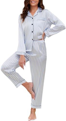 Reliwel Satin Schlafanzug Damen Langarm Pyjama Set mit Knopfleiste V-Ausschnitt Zweiteiliger Nachtwäsche Weiche Seiden Pyjamas Klassische Loungewear Hausanzug Pjs Blaue Streifen, M