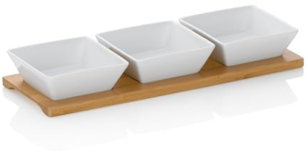 kela Servierschalen Set 4tlg PHILIPA, Porzellan Snackschalen mit Bambus Servierplatte, eckig, Dipschalen Set weiß