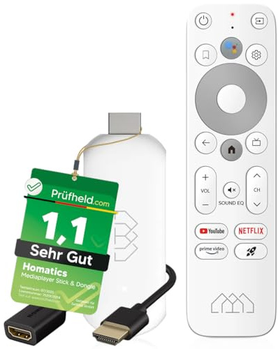 [Test SEHR GUT, Note 1.1 *] Homatics TV Stick Full HD | Google & Netflix Zertifiziert | Android TV Mediaplayer Streaming Stick mit Sprachfernbedienung und NONIC HDMI Verlängerungskabel für Fernseher