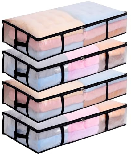 Dntorx 4 Stück 90L Unterbett Aufbewahrungsbox mit Deckel Groß, Transparente Unterbettkommode Faltbare Aufbewahrungstasche mit Griff, Unterbett Aufbewahrung für Bettdecken Kissen Kleidung Aufbewahrung