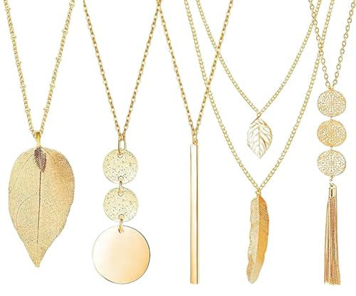LIUYIDM 5 Stück Modeschmuck Kette Lang Ketten,Lange Pullover Halsketten,Feder Kreis Blatt Schloss Quaste Y-Halskette Schmuck-Set,Lange Kette Gold,Modeschmuck Set