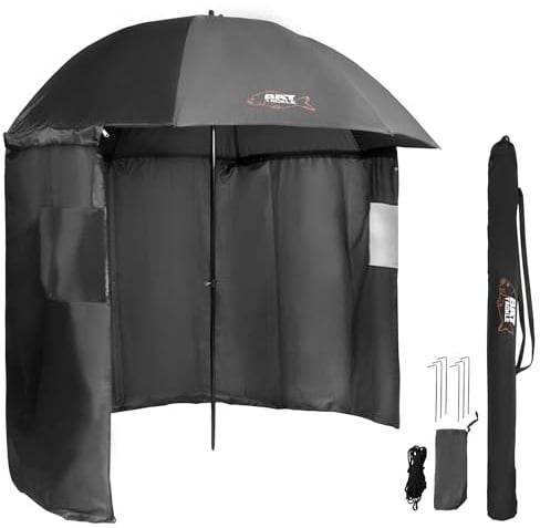 BAT Tackle PVC Angel-Schirmzelt halbgeschlossen – 100% Wasserdicht – Abnehmbare Seitenwände – Kippfunktion – Inkl. Heringe & Tasche (Schwarz, 220cm)