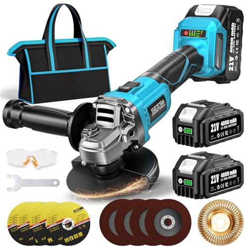SEESII Akku Winkelschleifer 125 mm, 21V Flex Winkelschleifer mit 2x 4000mAh Akku, 10,000RPM Winkelschleifer Set mit 4x Schneidrad, 4x Fächerrad, 1x Holzschnitzrad für Präzises Trennen und Schleifen