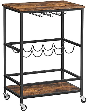 VASAGLE Servierwagen, Barwagen, Weinregal auf Rollen, Küchenwagen, Weinglashalter, Flaschenhalter, 40 x 60 x 82 cm, Industrie-Design, vintagebraun-schwarz LRC087B01