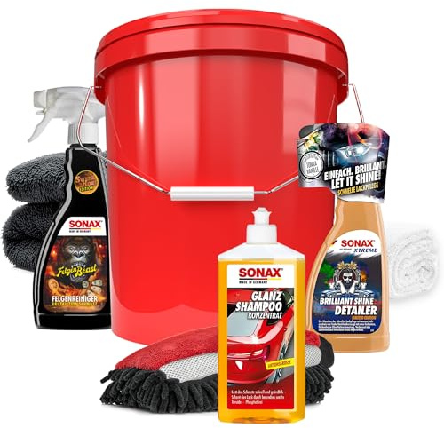 Autowäsche Set - SONAX: Autoshampoo, Felgenbeast Felgenreiniger, Brilliant Shine Detailer - Detailmate: Trockentuch, Waschhandschuh, Wascheimer mit Deckel - Autoreinigungsset Aussen